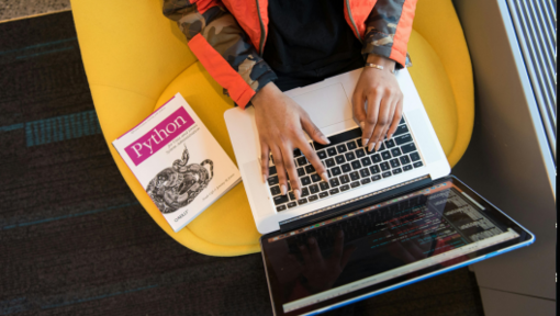 woman on computer with python book