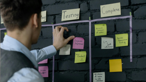 a kanban board with items on sticky notes